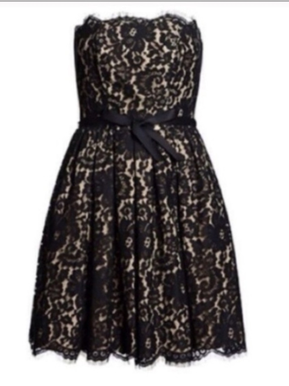 Strapless Black Lace Dress with Cream Lining and Satin Waist Bow Size 6